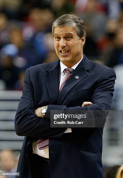 Head coach Randy Wittman of the Washington Wizards looks on against the Toronto Raptors in the first half at Verizon Center on January 8, 2016 in...