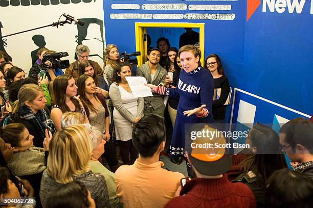 Screenwriter and actress Lena Dunham speaks to a crowd at a Hillary Clinton campaign office on January 8, 2016 in Manchester, New Hampshire. Dunham...