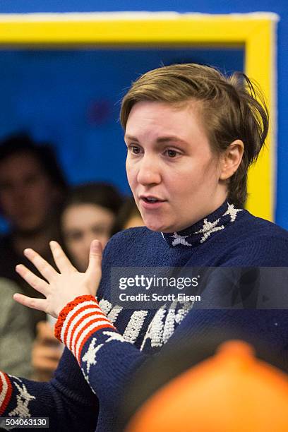 Screenwriter and actress Lena Dunham speaks to a crowd at a Hillary Clinton campaign office on January 8, 2016 in Manchester, New Hampshire. Dunham...