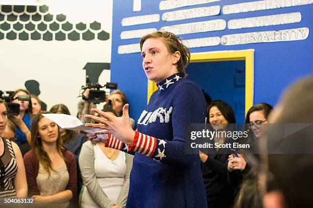 Screenwriter and actress Lena Dunham speaks to a crowd at a Hillary Clinton campaign office on January 8, 2016 in Manchester, New Hampshire. Dunham...