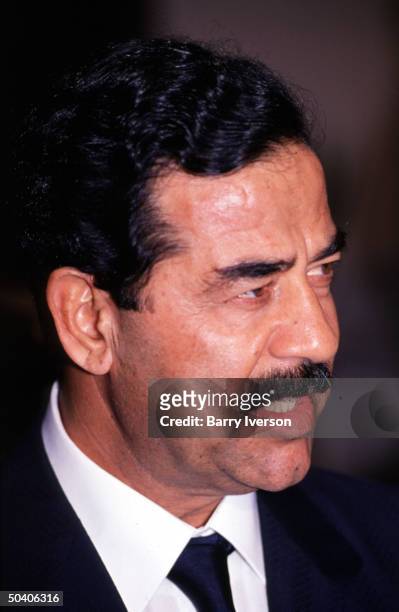 Iraq leader Saddam Hussein during one-day visit to Cairo for talks with Egyptian President Hosni Mubarak.