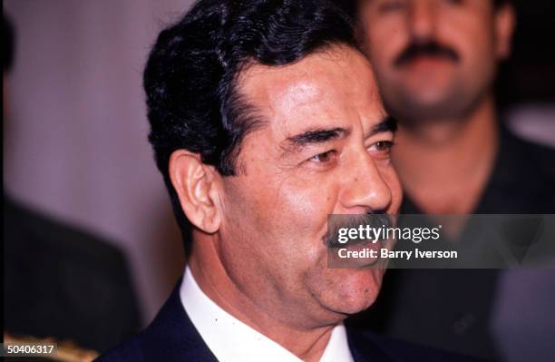 Iraq leader Saddam Hussein during one-day visit to Cairo for talks with Egyptian President Hosni Mubarak.