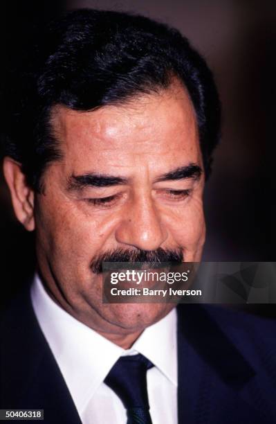 Iraq leader Saddam Hussein during one-day visit to Cairo for talks with Egyptian President Hosni Mubarak.