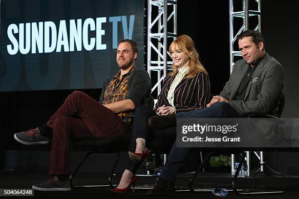Executive producer/writer/director Jim Mickle, actors Christina Hendricks and James Purefoy speak onstage during the SundanceTV Winter TCA Press Tour...