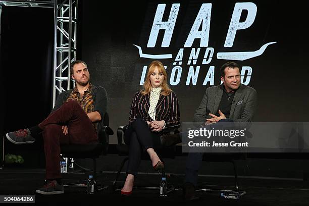 Executive producer/writer/director Jim Mickle, actors Christina Hendricks and James Purefoy speak onstage during the SundanceTV Winter TCA Press Tour...