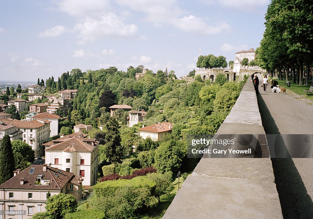 Overlook from old city wall to houses in Bergamo