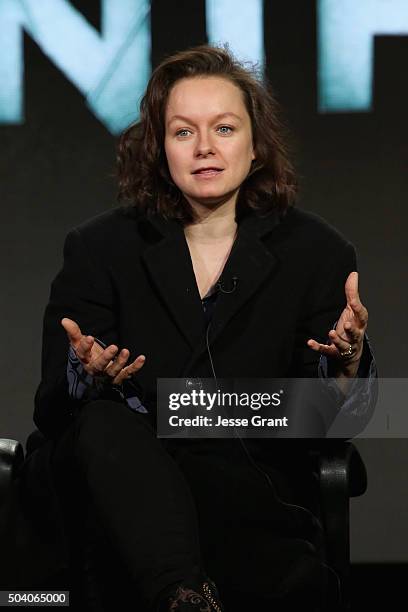 Actress Samantha Morton speaks onstage during the SundanceTV Winter TCA Press Tour 2016 "The Last Panthers" panel at The Langham Huntington Hotel and...