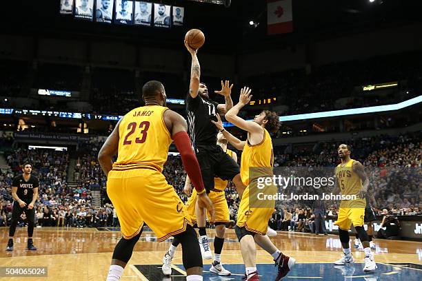 Nikola Pekovic of the Minnesota Timberwolves shoots the ball during the game against the Cleveland Cavaliers on January 8, 2016 at Target Center in...