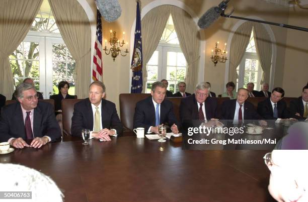 President George W. Bush making remarks during a meeting with Republican House and Senate leaders in the Cabinet Room at the White House. L-R: U.S....