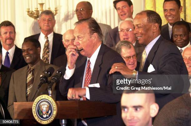 Baseball heroes and Hall of Fame members assembled for reception in East Room of the White House held by President George W. Bush.