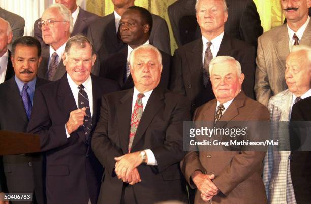 Baseball heroes and Hall of Fame members in the East Room of the White House. President George W. Bush announced that he will open up the South Lawn...