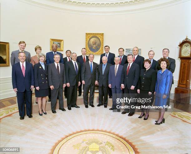 Front Row: Sec. Of Commerce Donald Evans, Sec. Of Interior Gale Norton, Sec. Of Defense Donald Rumsfeld, Sec. Of State Colin Powell, George W. Bush,...