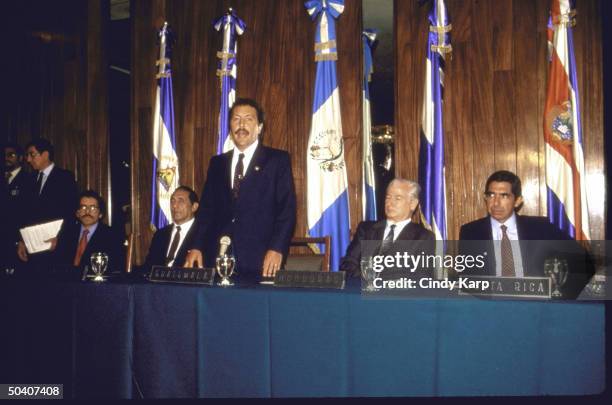 Costa Rican President Oscar Arias Sanchez, Hondoran President Jose Azcona Hoyo, Guatemalan President Vinicio Cerezo Arevalo, Salvadoran President...