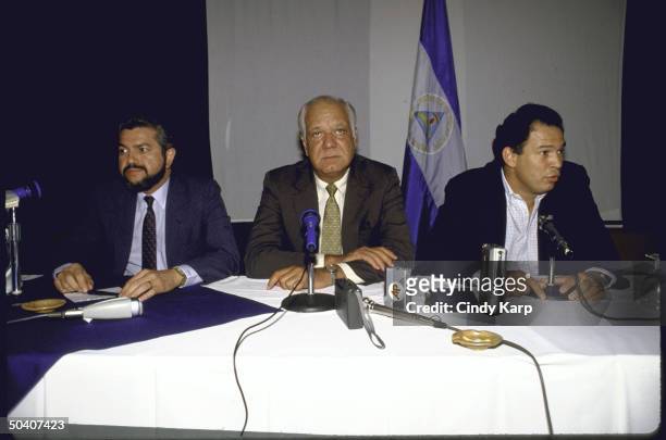 Contra leaders Pedro Joaquin Chamorro Jr., Adolfo Calero Portocarrero, and Alfonso Robelo Callejas attending a meeting to discuss a regional peace...
