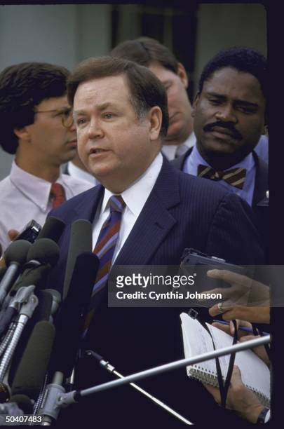 Senator David L. Boren speaking with reporters after a White House meeting.