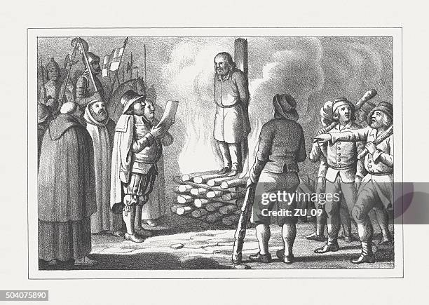 brennen der heretic des austausches lithographie, veröffentlichte 1850 - feuerbestattung stock-grafiken, -clipart, -cartoons und -symbole