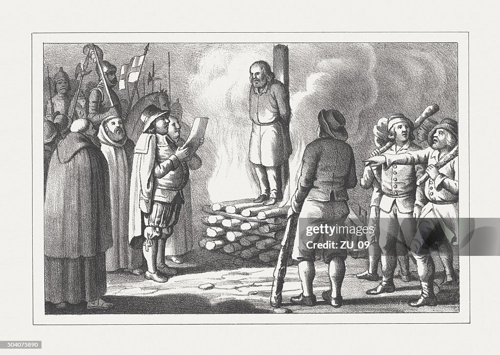 Burning of the heretic at the stake, lithograph, published 1850