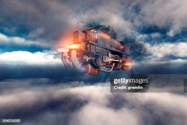 steampunk airship flying zug in the sky - lokomotive stock-fotos und bilder