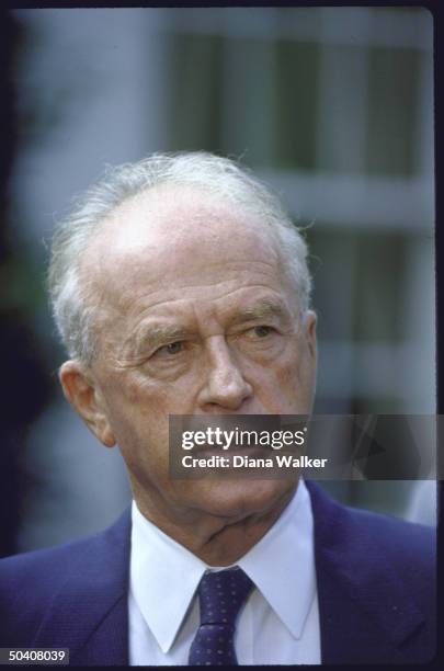 Israeli Defense Minister Itzhak Rabin leaving meeting with US Vice Pres. George H. W. Bush.