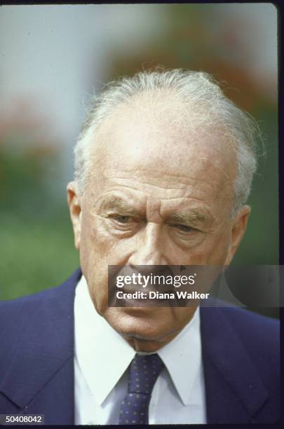 Israeli Defense Minister Itzhak Rabin leaving meeting with US Vice Pres. George H. W. Bush.