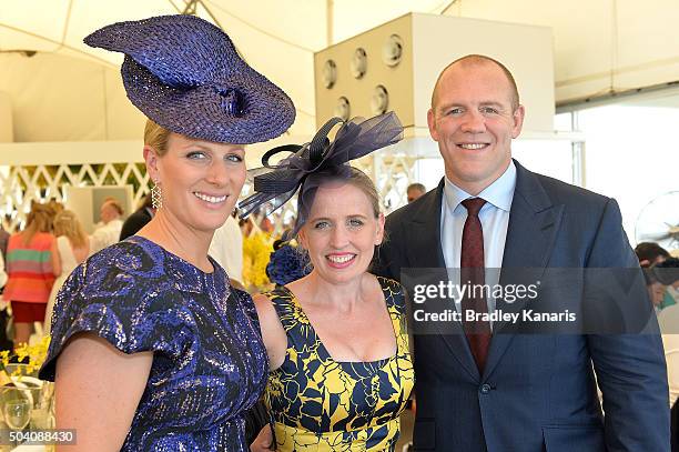 Zara Phillips, Queensland Minister for Education Kate Jones and Mike Tindall attend the Magic Millions Raceday at Gold Coast Turf Club on January 9,...