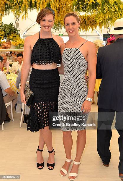 Cate Campbell and Bronte Campbell attend the Magic Millions Raceday at Gold Coast Turf Club on January 9, 2016 in Gold Coast, Australia.