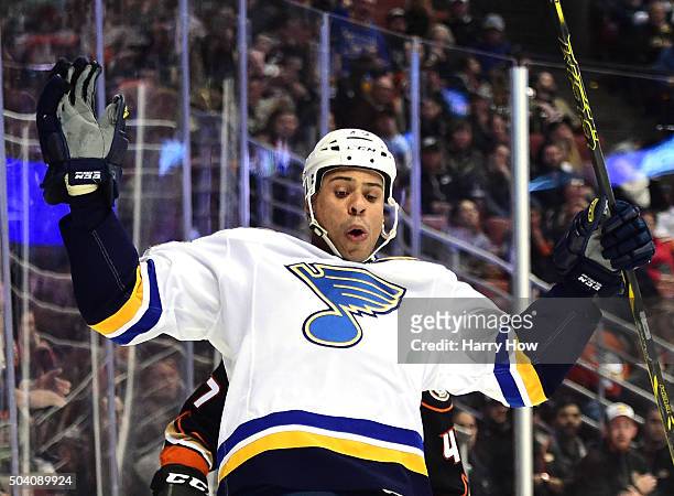 Ryan Reaves of the St. Louis Blues celebrates his goal to tie the score 1-1 with the Anaheim Ducks during the second period at Honda Center on...