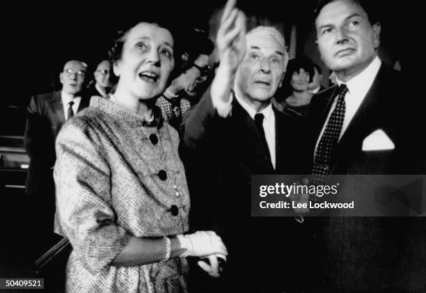 Artist Marc Chagall with David Rockefeller at the dedication of stained glass window commissioned by the Rockefellers for family church in Pocantico...