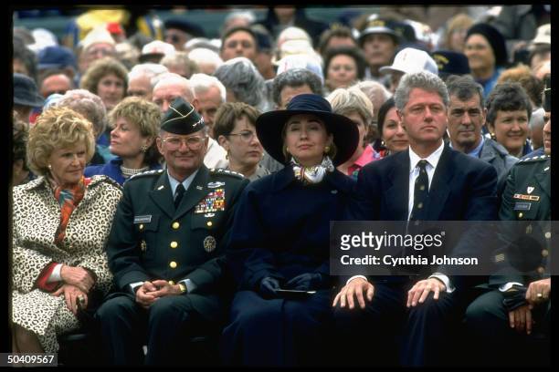 Amb. Pamela Harriman, Gen. John Shalikashvili, First Lady Hillary Rodham & Pres. Bill Clinton at D-Day 50th anniversary event.