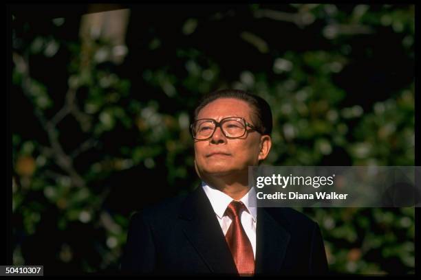 Chinese Pres. Jiang Zemin at state visit arrival ceremony on White House South Lawn.