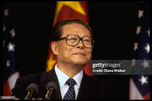 Chinese Pres. Jiang Zemin speaking to press during his state visit to White House.