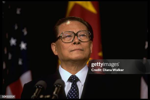 Chinese Pres. Jiang Zemin speaking to press during his state visit to White House.
