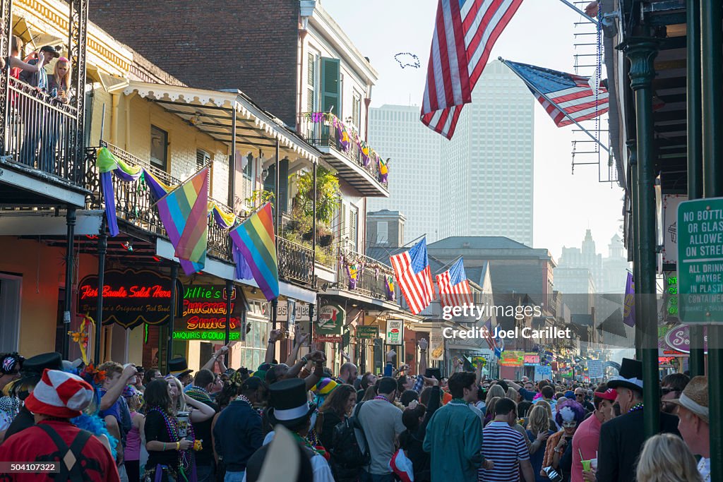 Bourbon Street crowd during Mardi Gras