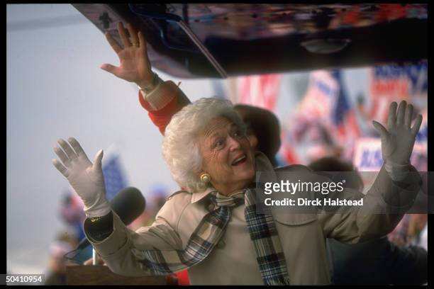 First Lady Barbara Bush enthusiastically greeting supporters on stop, accompanying her husband Pres. On his re-election campaign whistlestop train...