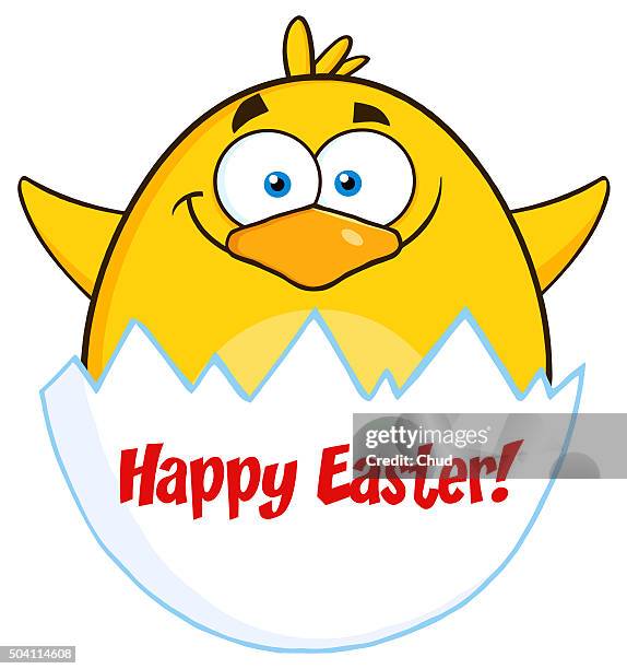 surprise yellow chick character out of an egg shell - easter background vertical stock illustrations