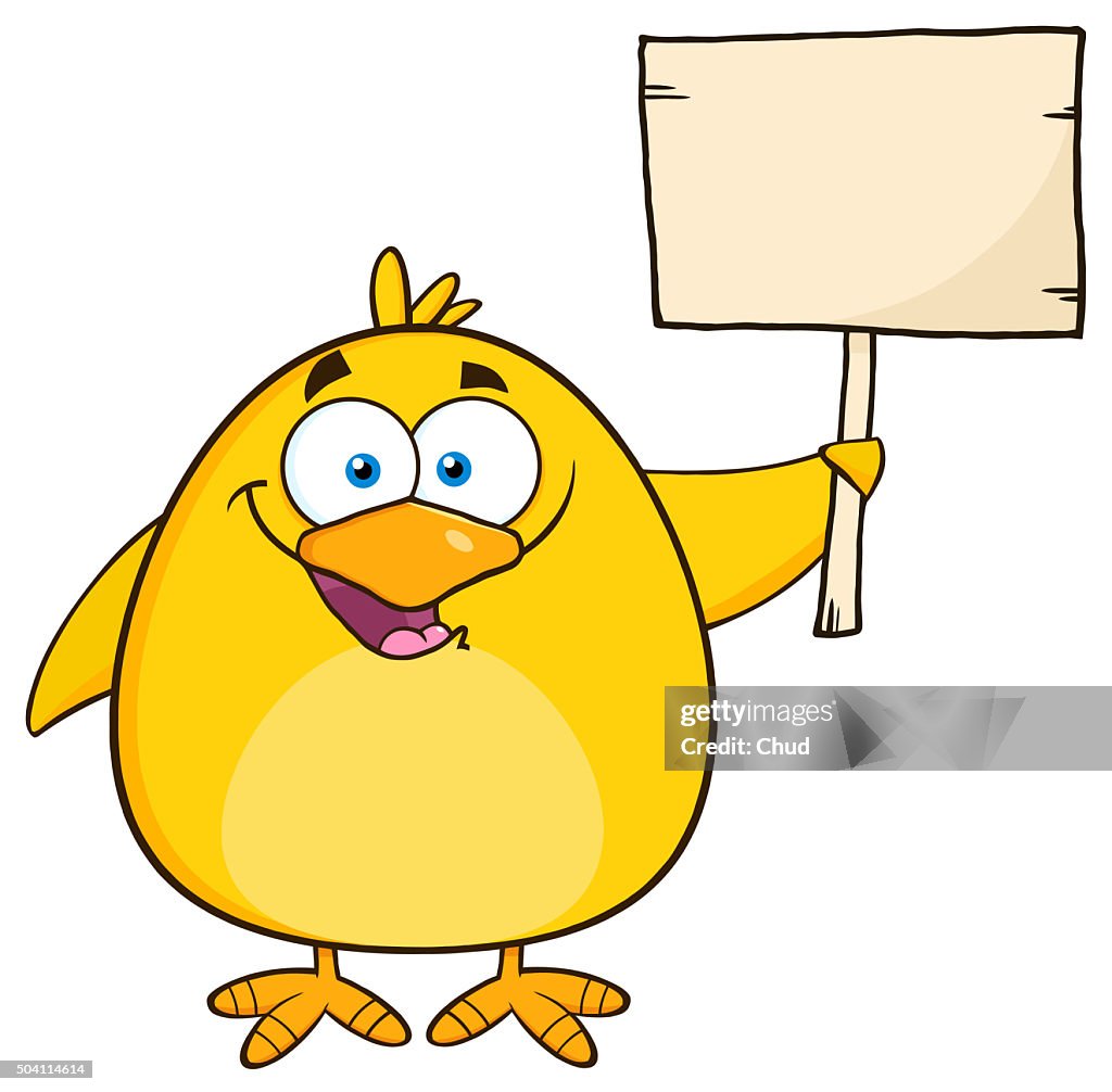 Yellow Chick Cartoon Character Holding A Wooden Sign