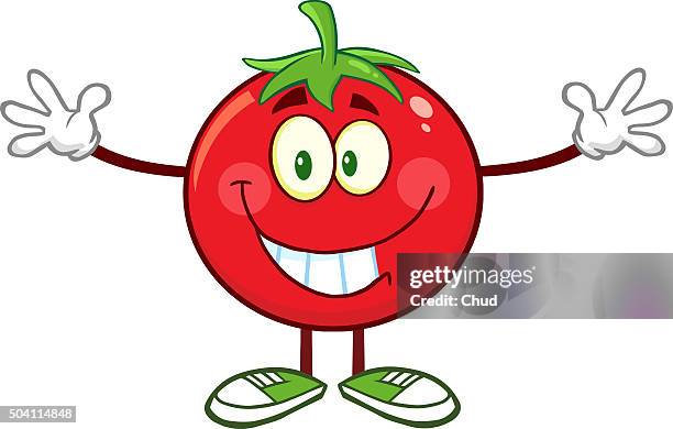 tomato cartoon mascot character with open arms - eating salad stock illustrations