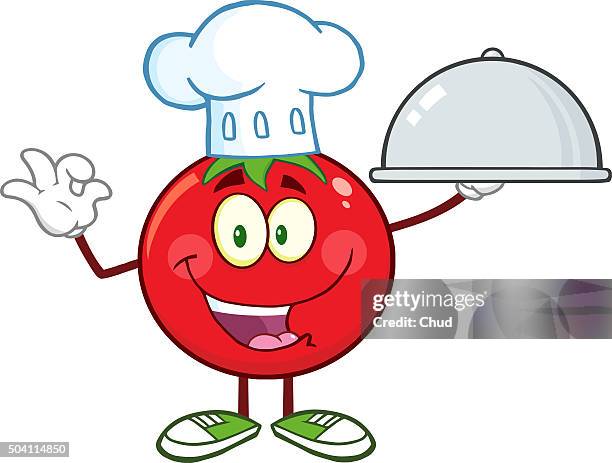 illustrazioni stock, clip art, cartoni animati e icone di tendenza di tomato chef cartoon character holding a cloche platter - chef cloche