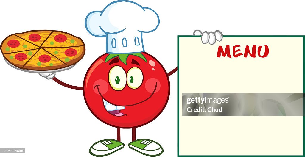 Tomato Chef Cartoon Mascot Character Holding A Pizza