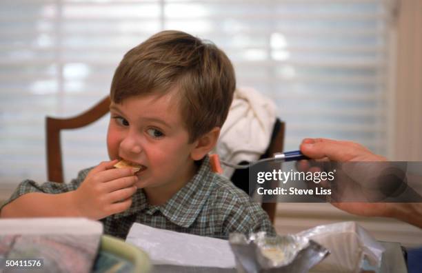 Lucian, a 4-year-old picky eater, casting a dubious eye on a forkful of ham his father David is offering him at the dinner table.