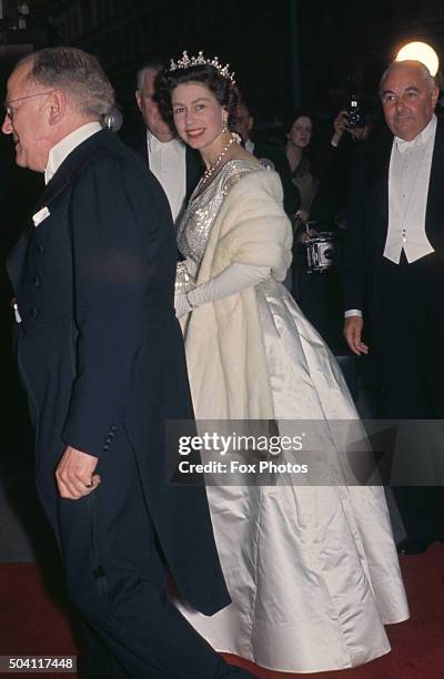 Queen Elizabeth II attending the Royal Variety Show at the Victoria Palace Theatre, London, 16th May 1960.