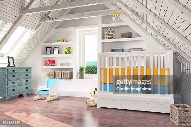 ático nursery interior - cuarto de jugar fotografías e imágenes de stock