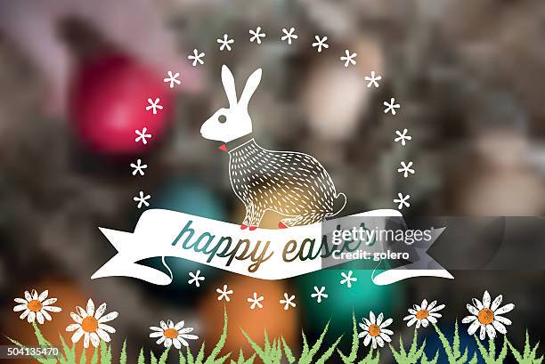line art easter bunny label on blurred easter nest - easter nest stock illustrations