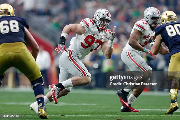 Defensive lineman Joey Bosa of the Ohio State Buckeyes in action during the BattleFrog Fiesta Bowl against the Notre Dame Fighting Irish at...