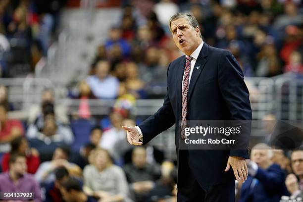 Head coach Randy Wittman of the Washington Wizards looks on against the Toronto Raptors in the first half at Verizon Center on January 8, 2016 in...