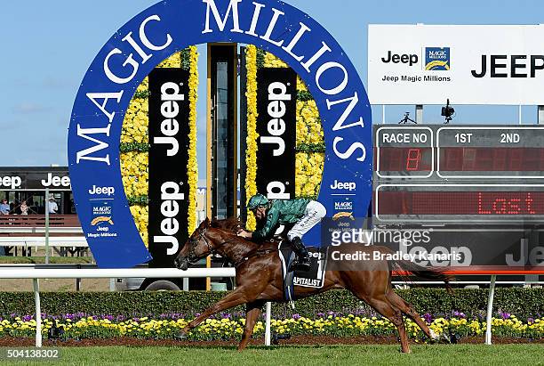 Blake Shinn rides Capitalist to victory in the JEEP Magic Millions 2yr old Classic during the Magic Millions Raceday at Gold Coast Turf Club on...