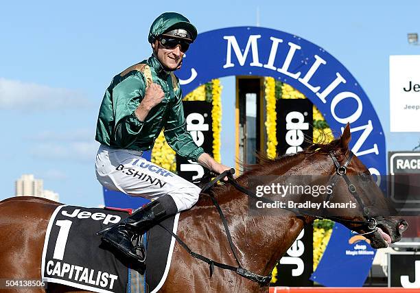 Blake Shinn celebrates after riding Capitalist to victory in the JEEP Magic Millions 2yr old Classic during the Magic Millions Raceday at Gold Coast...