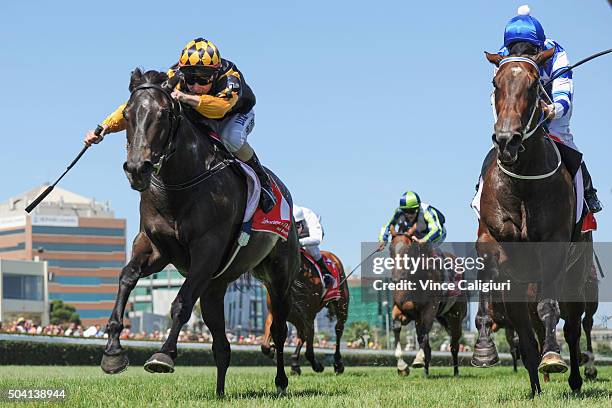 Harry Coffey riding Jacqui's Joy defeats Ben Melham riding Majestic Lass in Race 6 during Melbourne racing at Caulfield Racecourse on January 9, 2016...