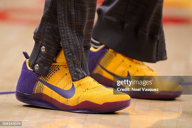 Kobe Bryant's shoe is displayed at a basketball game between Oklahoma City Thunder and the Los Angeles Lakers at Staples Center on January 8, 2016 in...