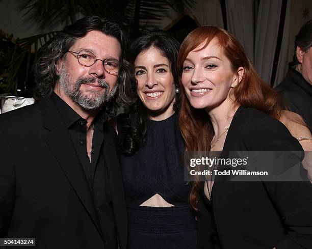 Ronald D. Moore, Maril Davis and Lotte Verbeek attend the Starz Pre-Golden Globe Celebration at Chateau Marmont on January 8, 2016 in Los Angeles,...